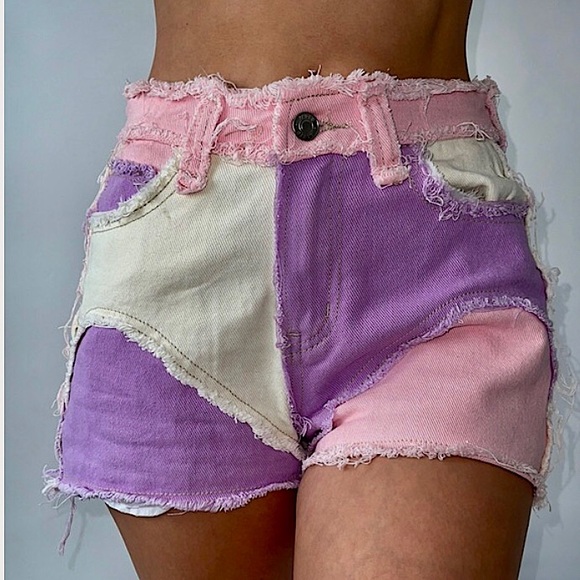 Jaded London Hot Pant Cut-Off Jean Shorts in Purple Pink Denim Patchwork - Picture 5 of 16
